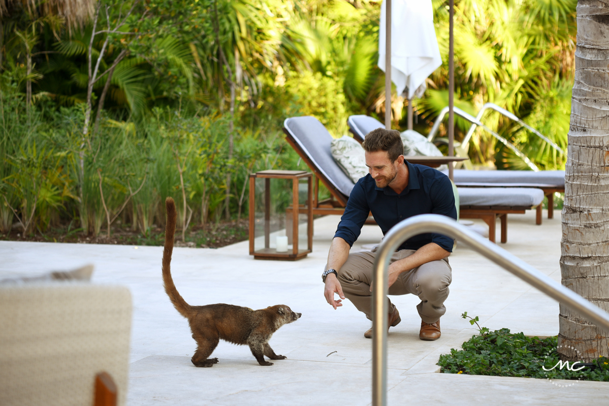 Groom to be greeting a new friend at Chable Maroma, Mexico. Martina Campolo Photography